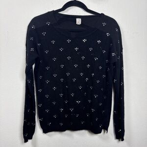 (C4) Maison Jules 100% Cashmere Black Pullover Crew Sweater Silver Rhinestones M